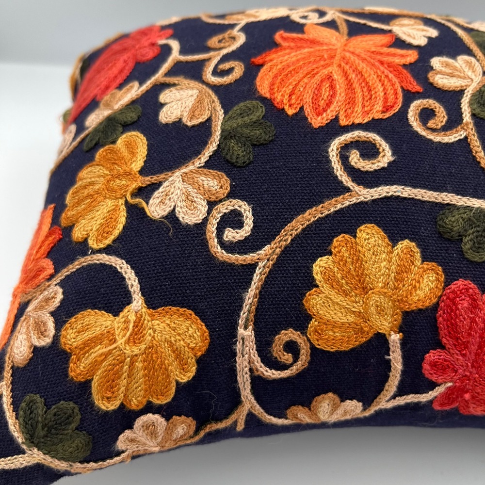 Boho Embroidered Pillow Navy Blue Floral Tassel Accent Decorative Accent Pillow - Picture 2 of 10